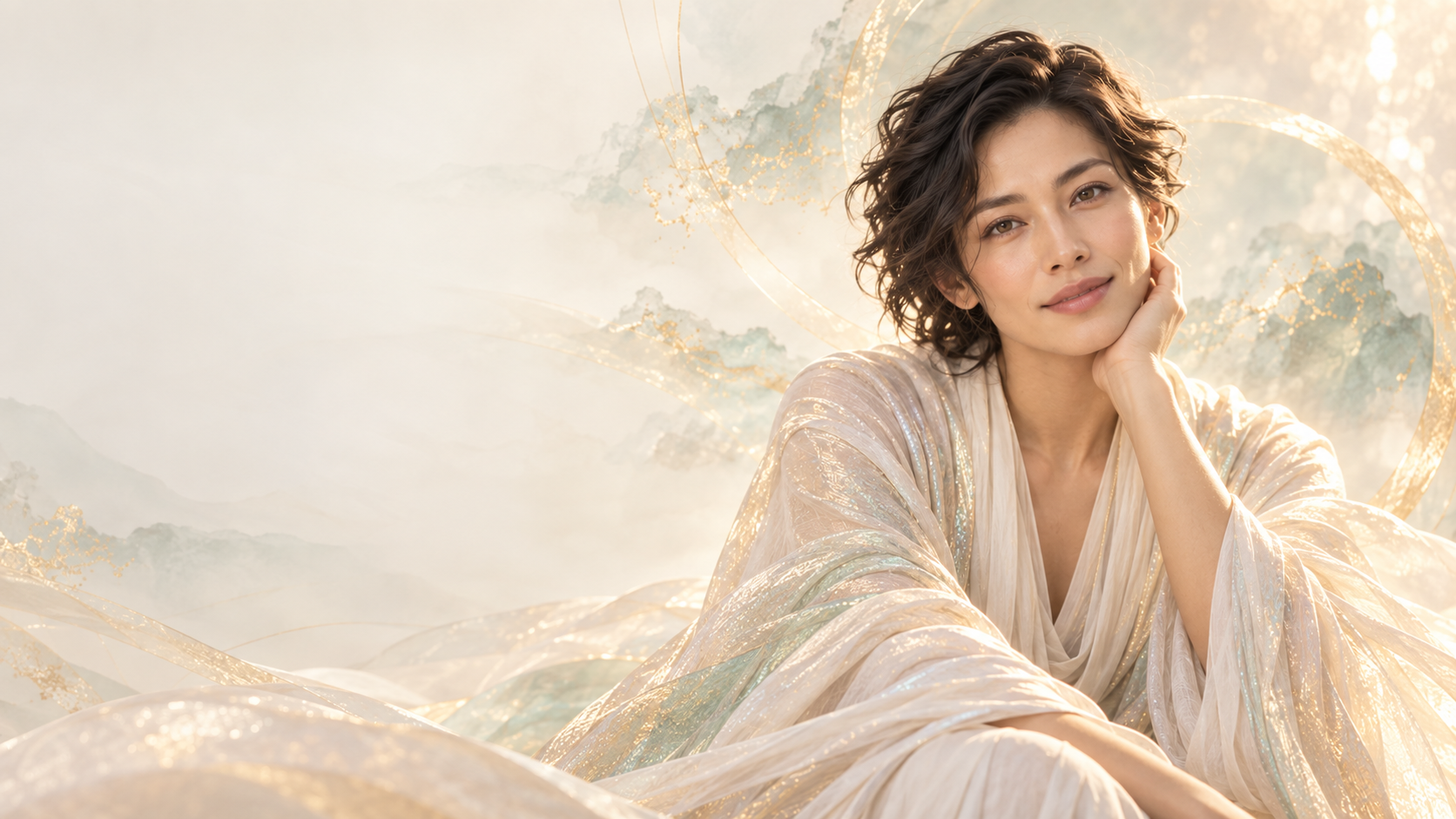 Harmonia, with dark wavy hair and an ivory iridescent robe.